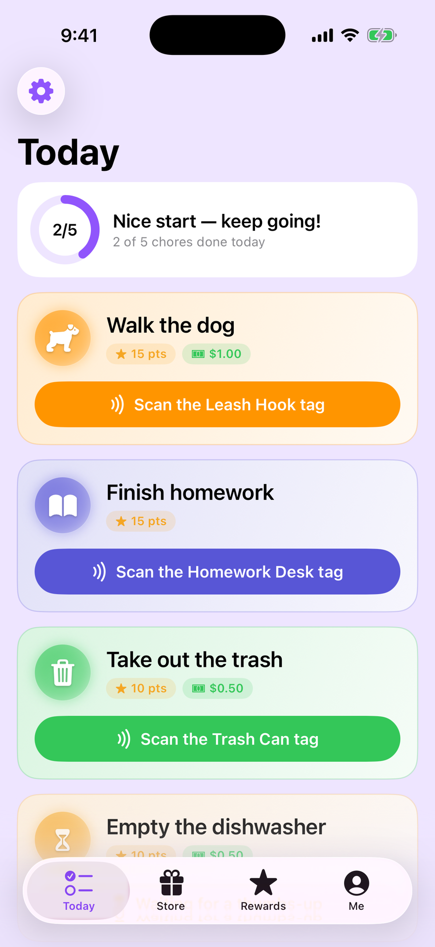 A child's Today screen: 2 of 5 chores done, with Walk the dog, Finish homework and Take out the trash each showing a button to scan its tag.
