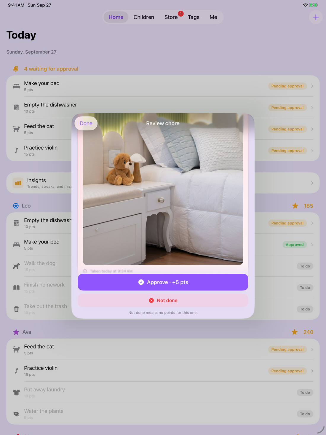 Helpfl Family on iPad: a parent reviewing a photo of a made bed, with Approve +5 pts and Not done buttons.