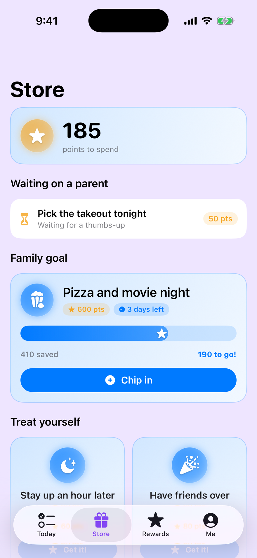 A child's Store tab: 185 points to spend, a takeout pick waiting on a parent, and a Pizza and movie night family goal 410 points saved.