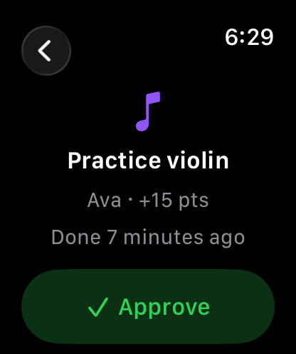 The Helpfl Family Apple Watch app: Practice violin, Ava, +15 pts, done 7 minutes ago, with an Approve button.