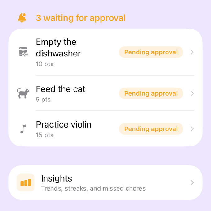 The parent's Today tab: 3 waiting for approval, Empty the dishwasher, Feed the cat and Practice violin.