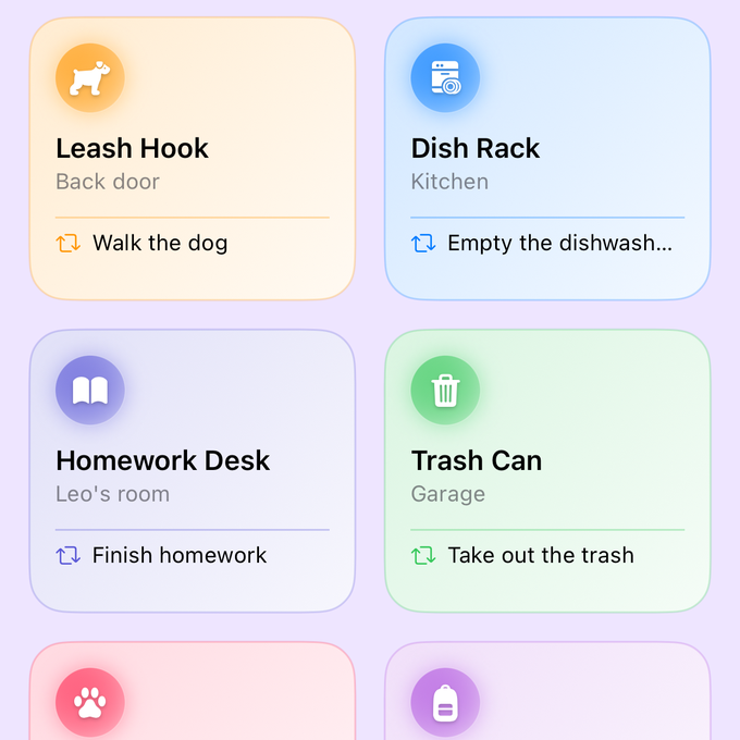 Tags in the app: colored cards for Leash Hook, Dish Rack, Homework Desk and Trash Can, each naming the chore it's for.