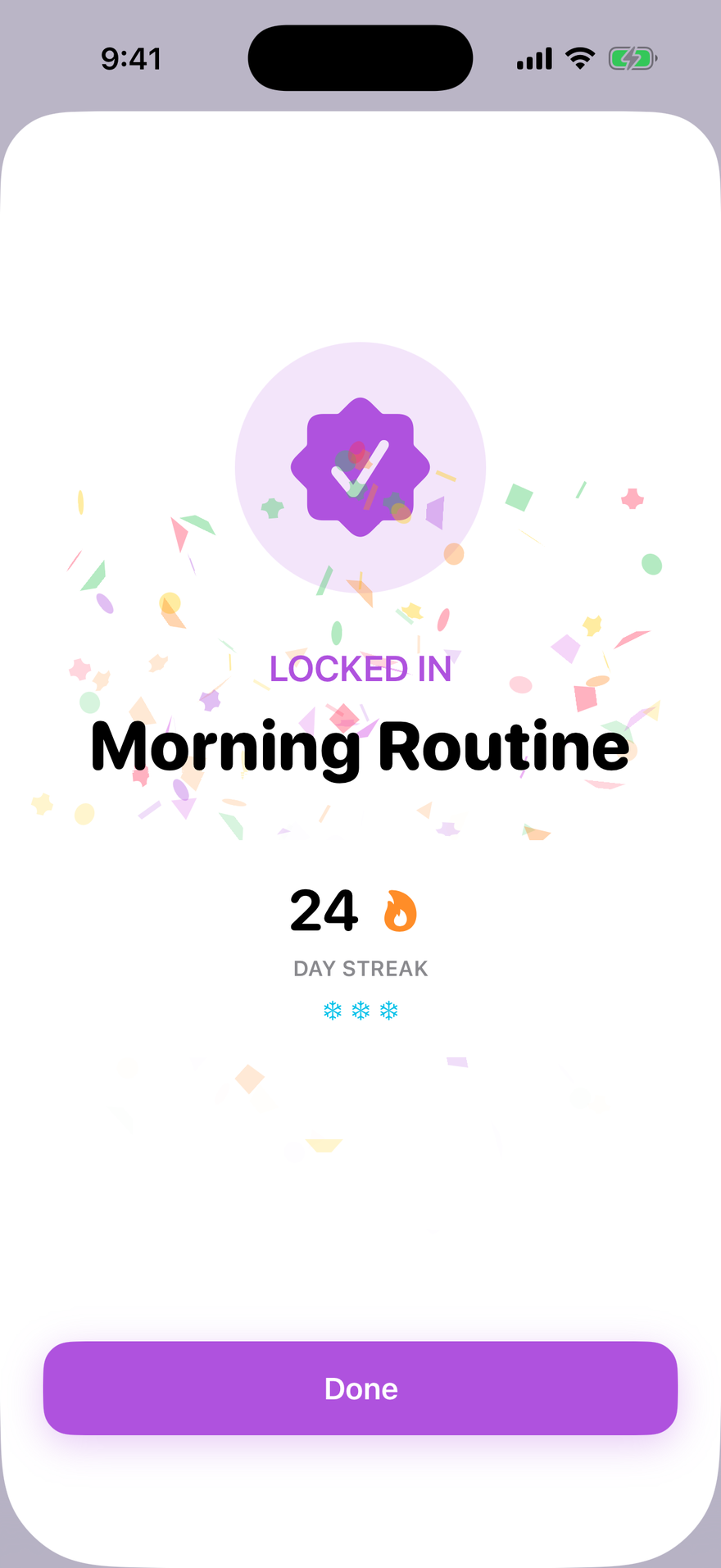 Helpfl's completion screen after a scan: 'LOCKED IN — Morning Routine' with a 24 day streak and three freezes banked.