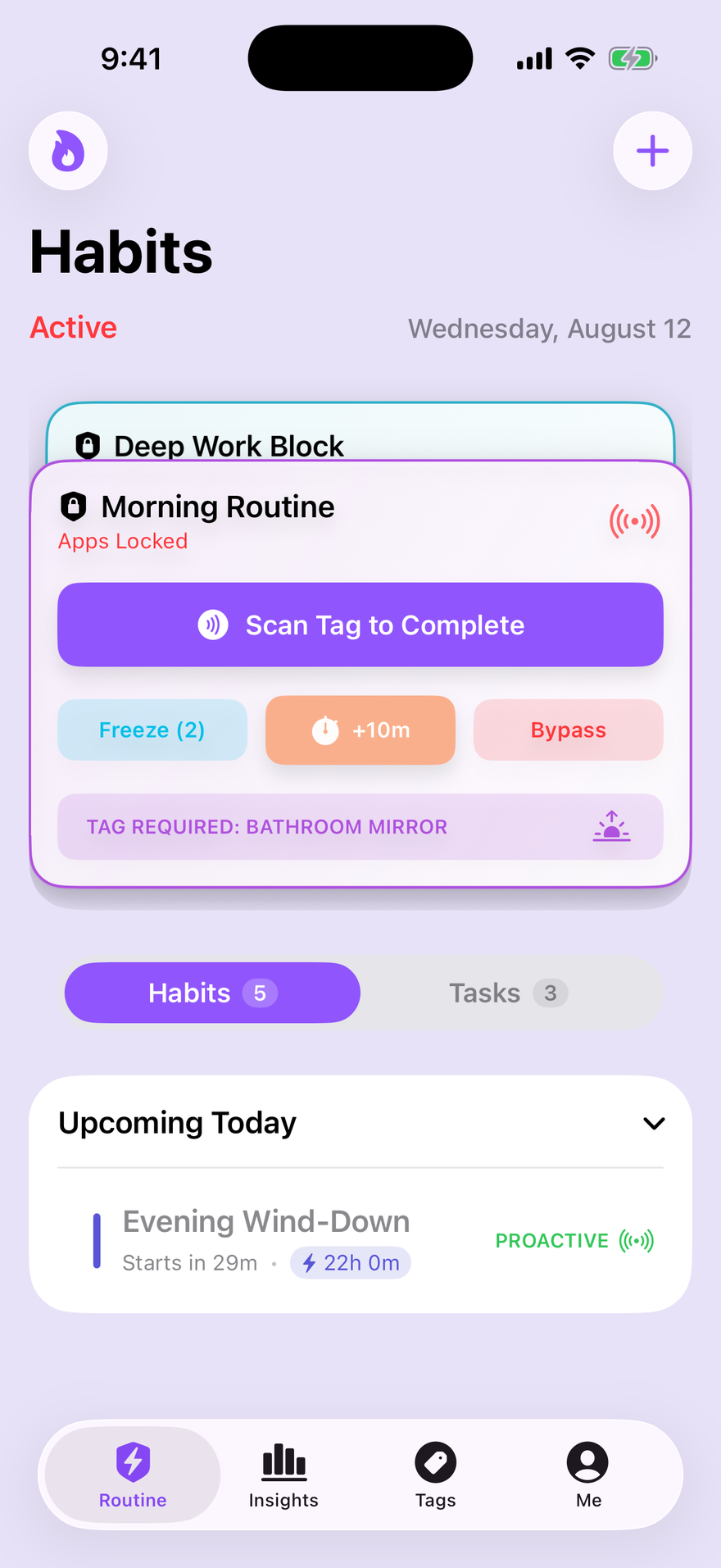 The Helpfl home screen showing a locked routine, 'Morning Routine — Apps Locked', with a 'Scan Tag to Complete' button and the tag it needs.