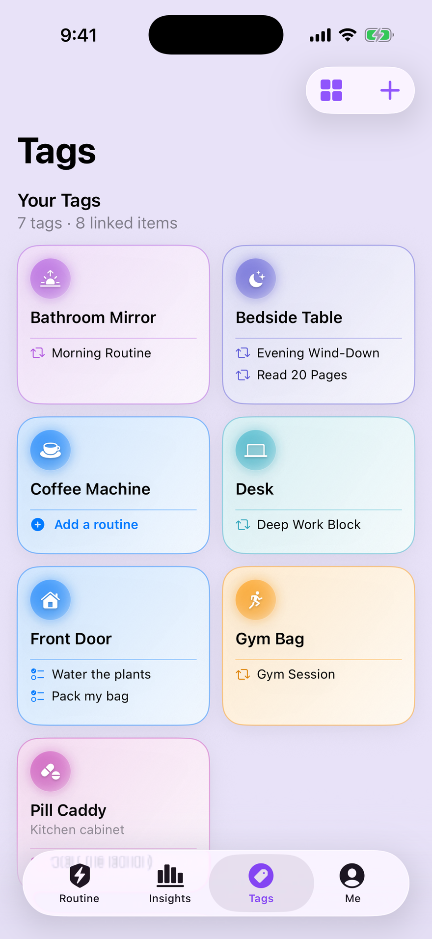 Helpfl's Tag Vault, a color-coded library of registered NFC tags.