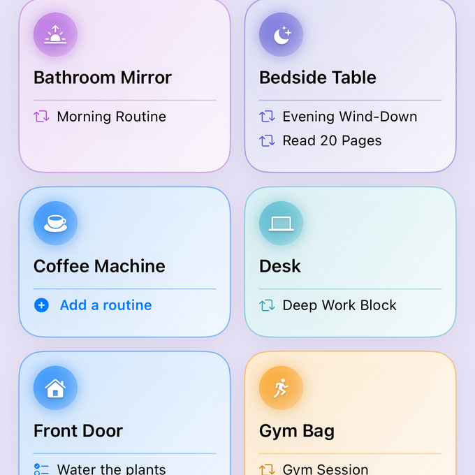 Helpfl's tag vault: colored cards for Bathroom Mirror, Bedside Table, Coffee Machine, Desk, Front Door and Gym Bag, each listing the routines it unlocks.